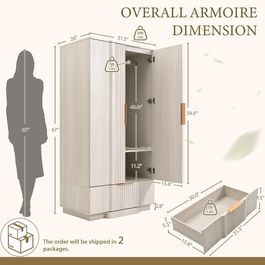 Yechen 67" Fluted Armoire Wardrobe Closet with Doors and Drawer | Wooden Wardrobe Cabinet with Adjustable Shelve, Modern Small Armoires for Hanging Clothes Coats for Bedroom, White Grey