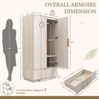 Yechen 67" Fluted Armoire Wardrobe Closet with Doors and Drawer | Wooden Wardrobe Cabinet with Adjustable Shelve, Modern Small Armoires for Hanging Clothes Coats for Bedroom, White Grey