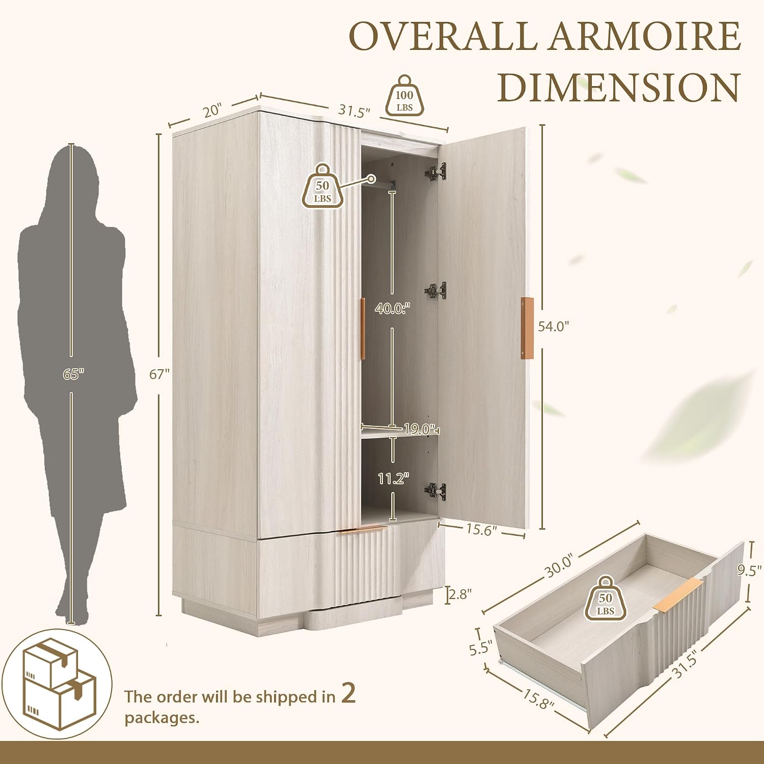 Yechen 67" Fluted Armoire Wardrobe Closet with Doors and Drawer | Wooden Wardrobe Cabinet with Adjustable Shelve, Modern Small Armoires for Hanging Clothes Coats for Bedroom, White Grey