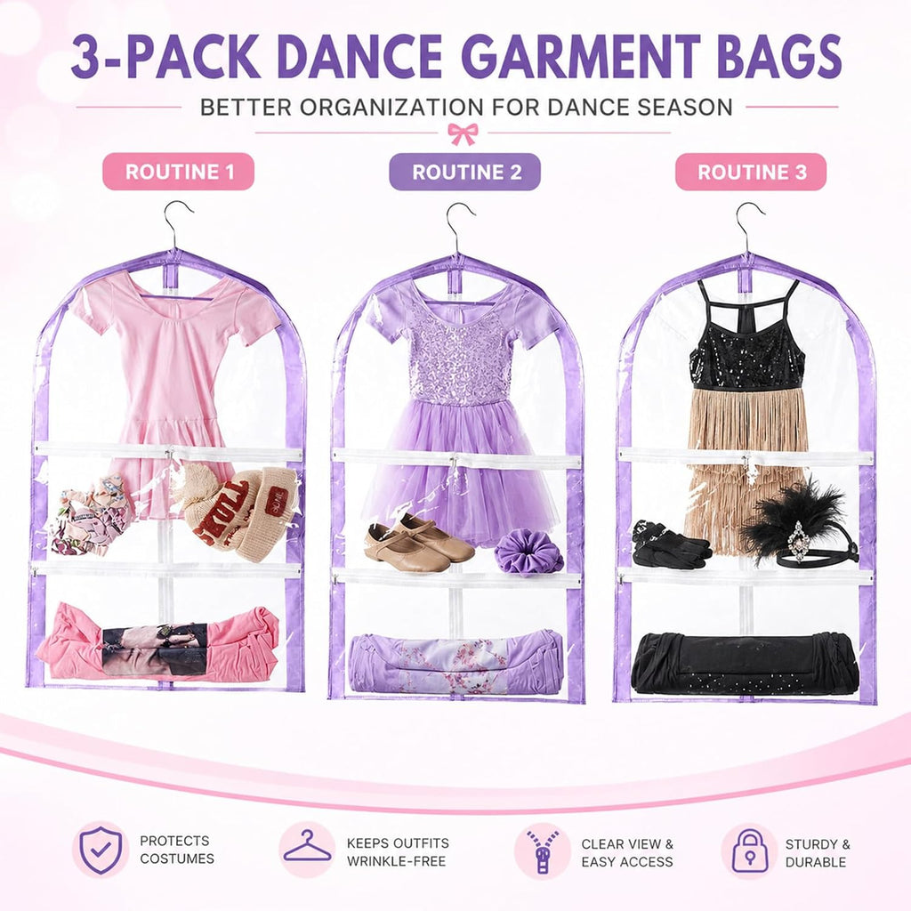 Clear Kids Garment Bags,3 Packs Garment Bag For Dance Costumes With Pockets,Foldable Garment Bags For Hanging Clothes Travel Storage,Dance Garment Bags For Dancers.35" Garment Dance Competition Bag