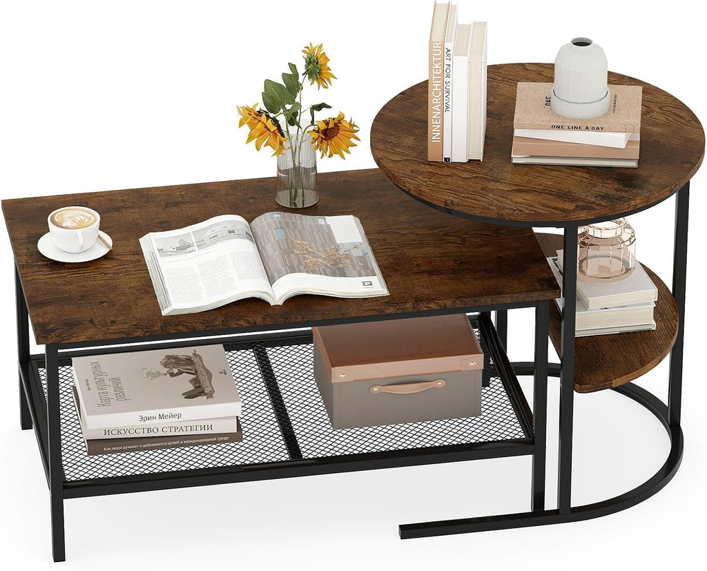 GOFLAME Nesting Coffee Table Set of 2, 2 PCS Nesting Tables with Wood Top and Extra Storage Shelf, Modern Round End Table & Rectangular Coffee Tables for Living Room, Bedroom, Rustic Brown+Black