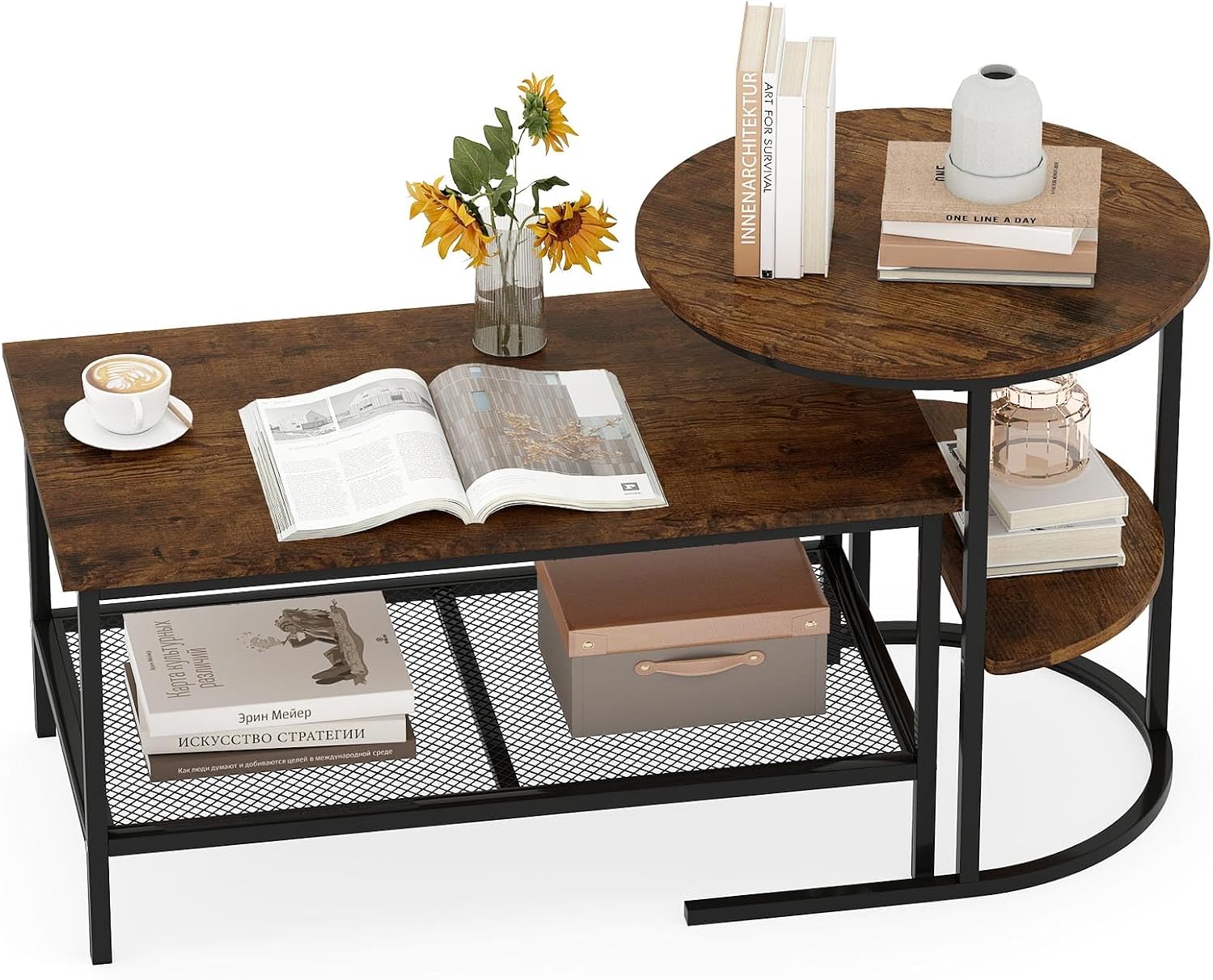 GOFLAME Nesting Coffee Table Set of 2, 2 PCS Nesting Tables with Wood Top and Extra Storage Shelf, Modern Round End Table & Rectangular Coffee Tables for Living Room, Bedroom, Rustic Brown+Black