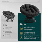 Bme 40" Ergonomic Wicker Papasan Chair with Soft Thick Density Fabric Cushion, High Capacity Steel Frame, 360 Degree Swivel for Living, Bedroom, Reading Room, Lounge, Onyx Stone - Black Base
