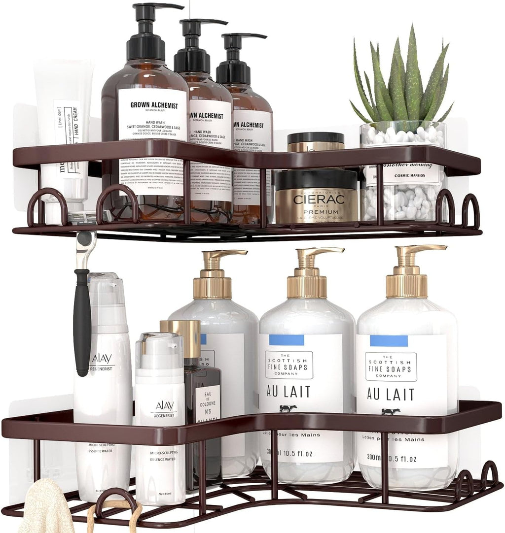 Corner Shower Caddy - 2 Pack, Adhesive Shower Organizers, Rustproof Stainless Steel Shower Shelves with 8 Hooks, No Drilling Bathroom Organizers and Storage Racks, Space-Saving, Brown, Medium