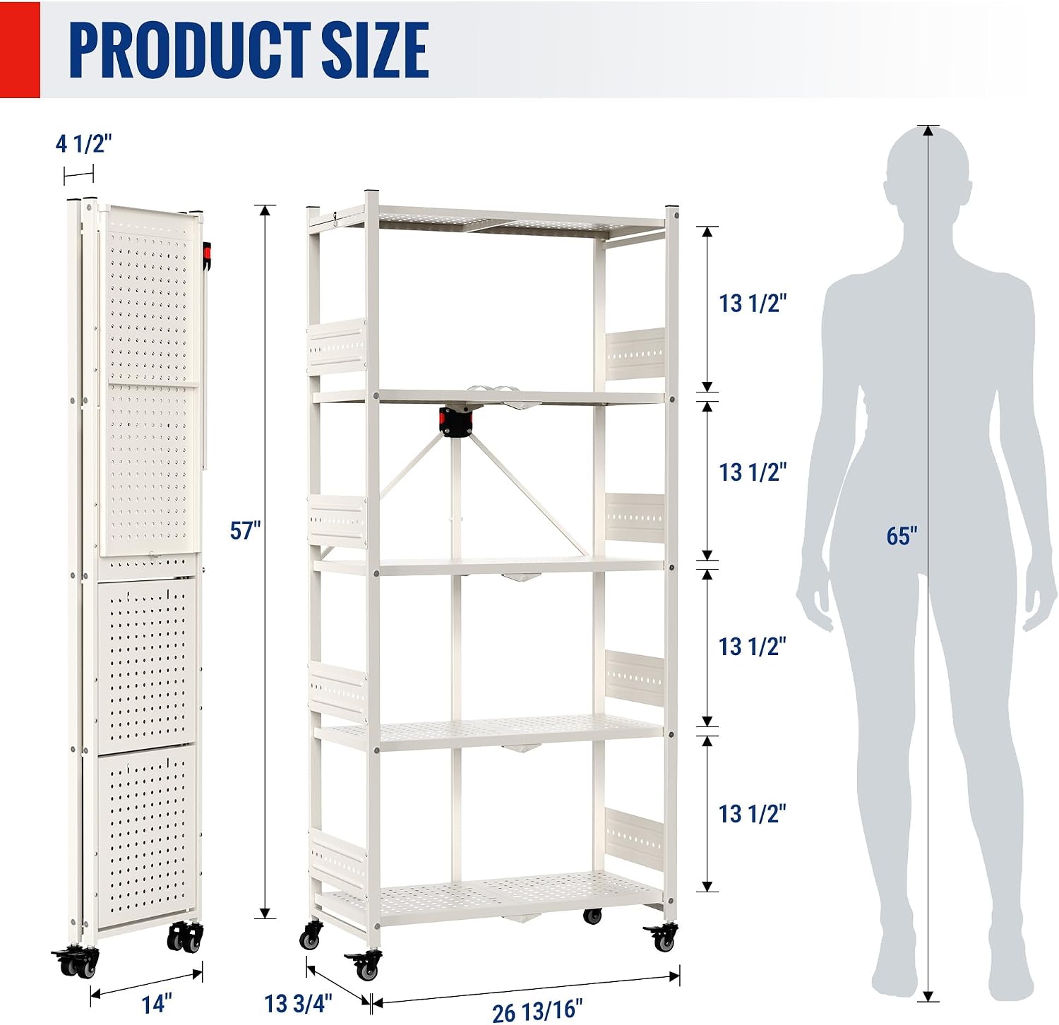 WORKPRO 5-Tier Folding Shelf, No-Assembly Metal Storage Rack with Wheels, 750 lbs Capacity (with Leveling Feet), Collapsible Shelving Unit for Kitchen, Pantry, Closet & Craft Shows - White