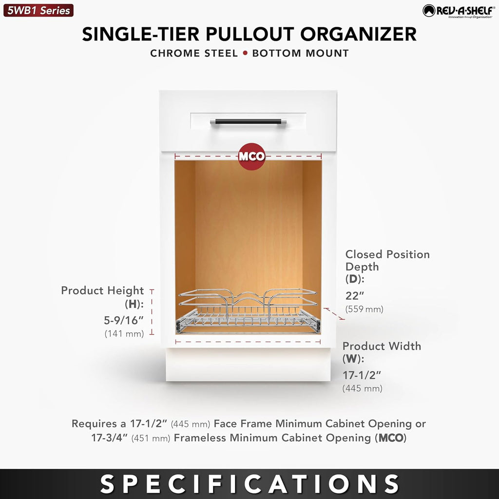 Rev-A-Shelf Kitchen Cabinet Pullout Shelf and Drawer Organizer Slide Out Pantry Storage Basket in Multiple Sizes, 18 x 22 In, 5WB1-1822CR-1