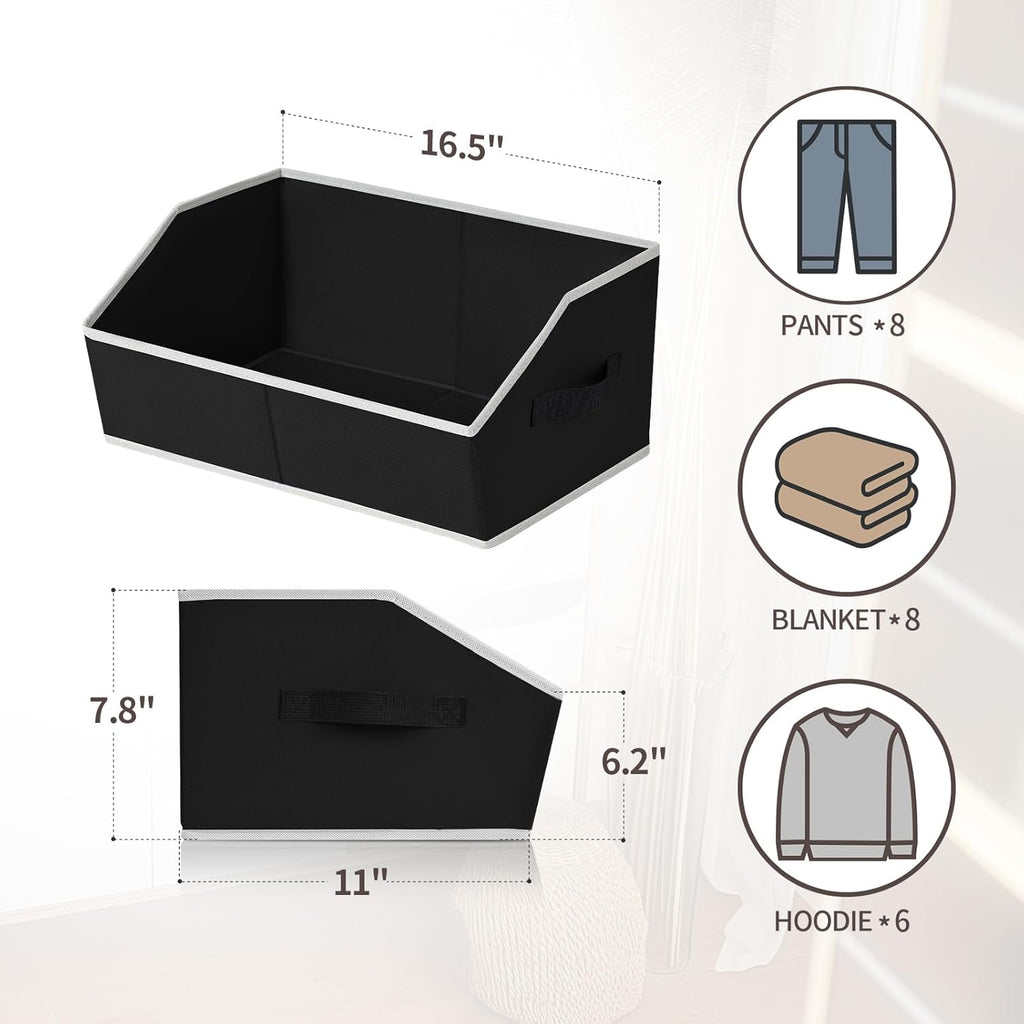 Cube Storage Bins - 6 Pack Trapezoid Storage Bins, Closet Organizers and Decorative Storage, Storage Baskets with Handle, Large Storage Basket for Home, Black