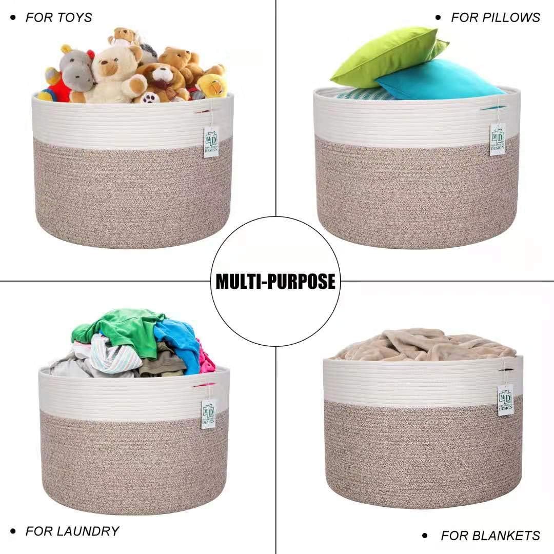 MINTWOOD Design Extra Large 22 x14 Inches Decorative Woven Cotton Rope Blanket Storage Basket Bin Living Room and Laundry Hamper for Pillows, Pool Towels, Dog Toys, Shoes, Light Brown