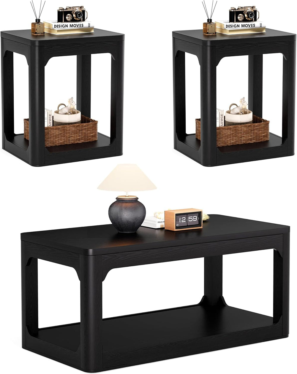 Coffee Table and End Table Sets 3-Piece for Living Room | 2-Tier Storage, Woo...