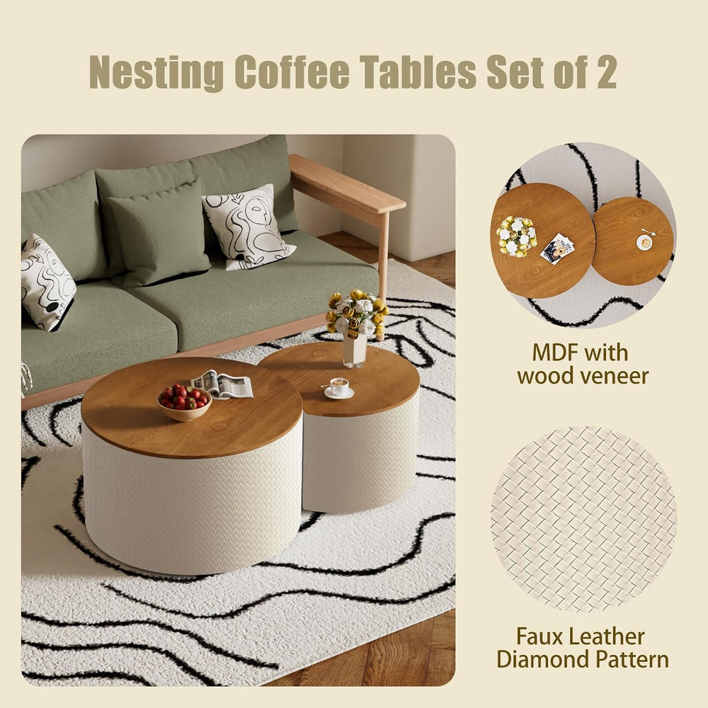 Round Nesting Coffee Table Set of 2 with Hidden Storage | Faux Leather Diamon...