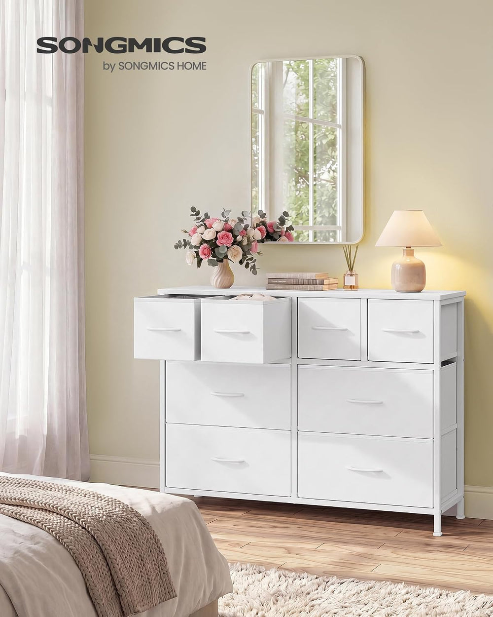 SONGMICS Wide Dresser for Bedroom, 8 Fabric Drawers with Steel Frame