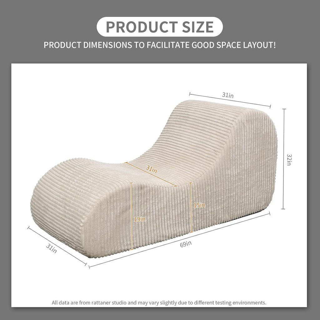 Rattaner Corduroy Chaise Lounge Chair Couch Indoor Boneless Oversized High-Density Sponge Soft Sofa for Yoga, Khaki