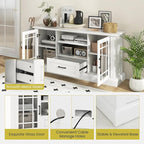 Tangkula Farmhouse TV Stand for TV up to 65 70 Inches, Tall Media Console Table with 2 Glass Storage Cabinets, 1 Drawer & 2 Open Shelves, Wooden Entertainment Center for Living Room (White)