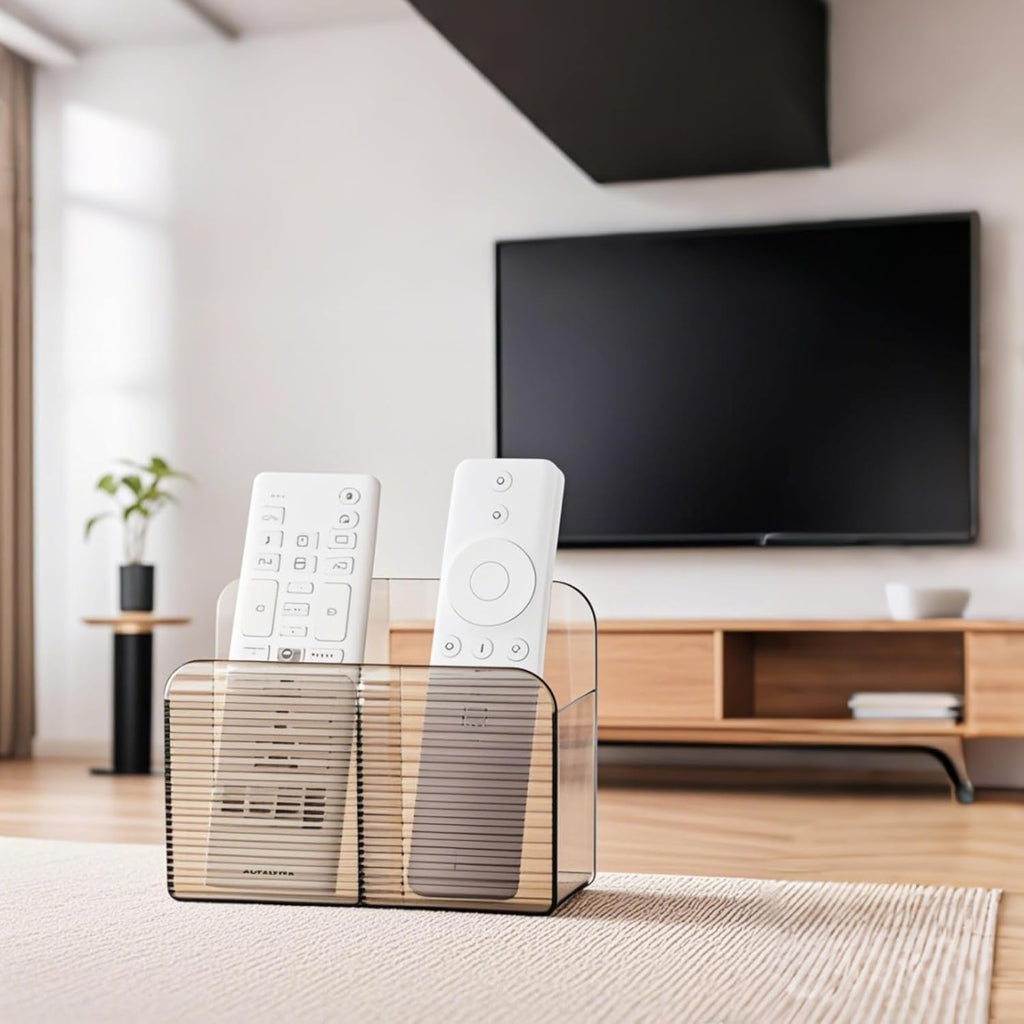 LINFIDITE Adhesive TV Remote Control Holder Wall Mount TV Remote Holder For Bedside Wall Remote Control Caddy Storage Organizer Stand Box （For 2 Or 4 Remote Controls –Clear Brown – Quantity 1）
