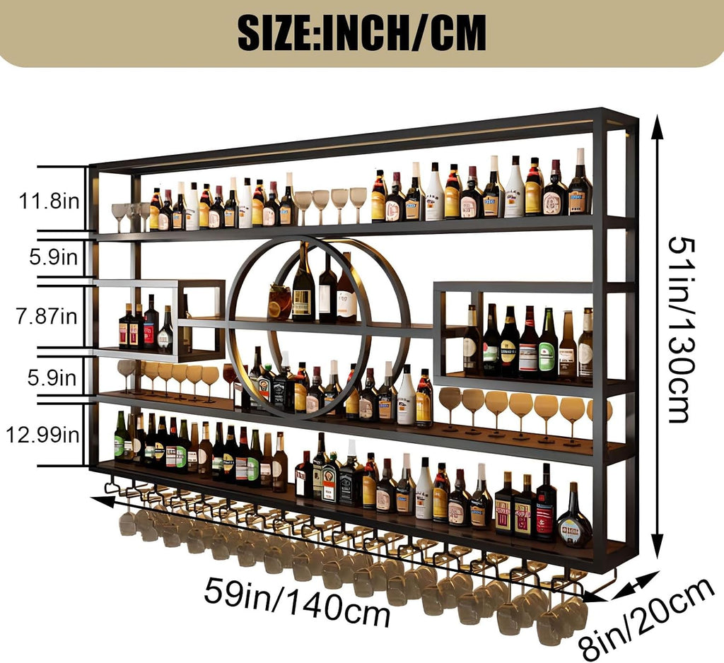 55.1in Large Wall Mounted Wine Rack, Modern Metal Wine Bottle and Glass Holder, 4-Tiers Liquor Bottles Floating Shelves Display Storage for Home Bar & Dining Room Decorative (Black, 55.1 * 8 * 51INCH)