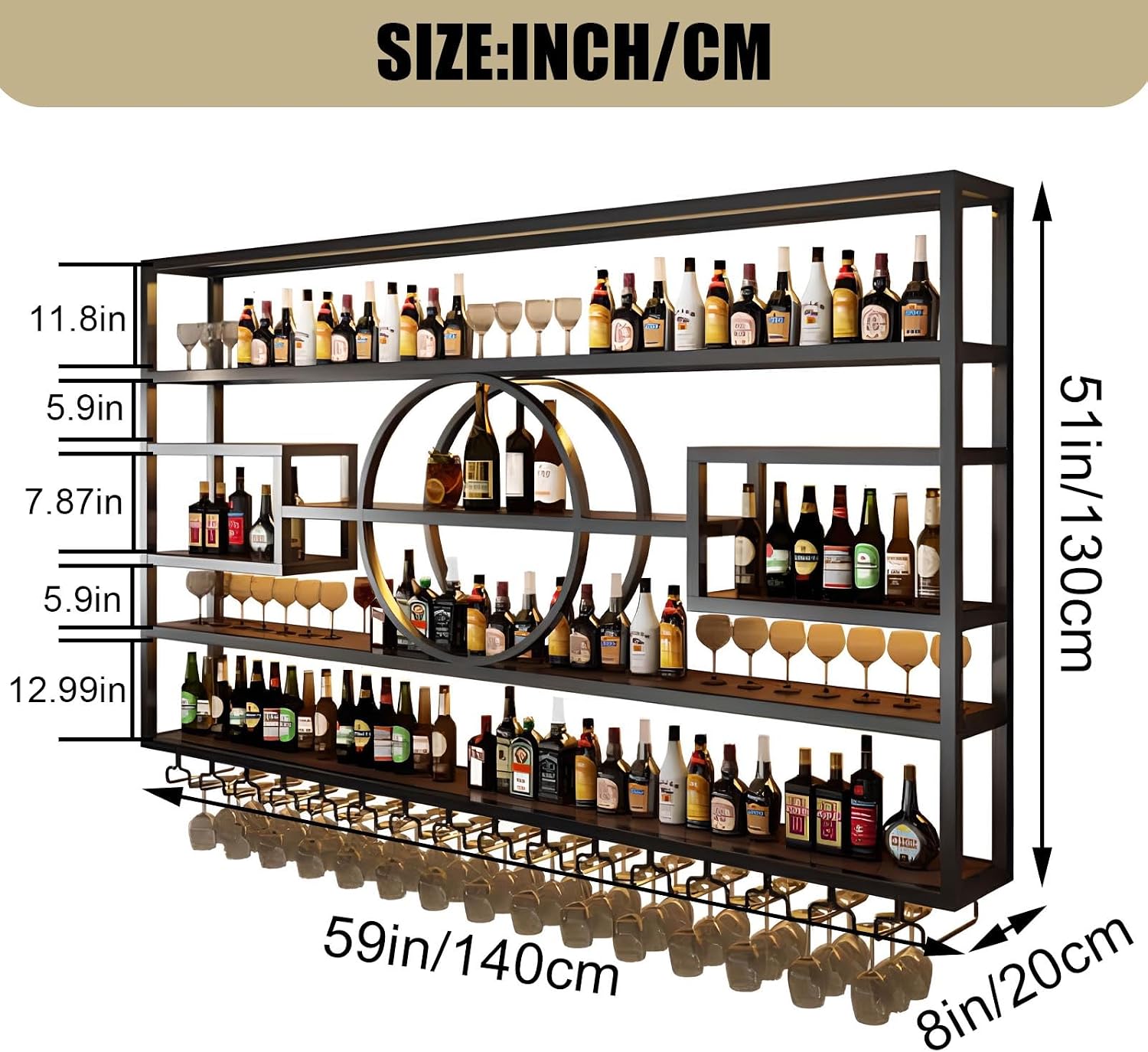 55.1in Large Wall Mounted Wine Rack, Modern Metal Wine Bottle and Glass Holder, 4-Tiers Liquor Bottles Floating Shelves Display Storage for Home Bar & Dining Room Decorative (Black, 55.1 * 8 * 51INCH)