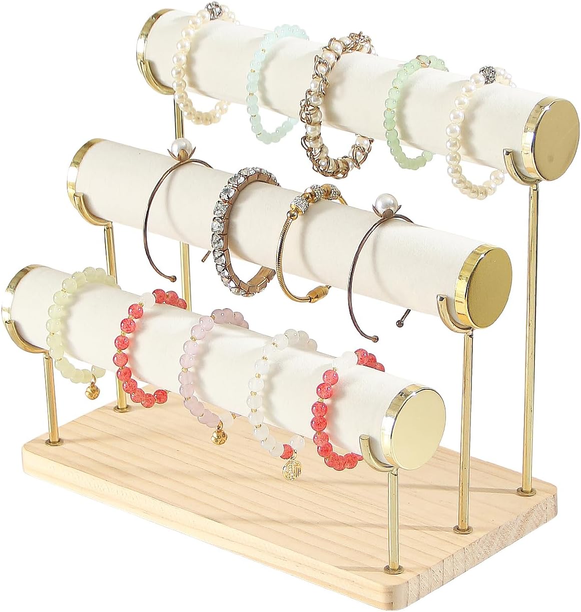 Coward Bracelet Holder Stand Rack, Removable Bracelet Display Organizer, T-Bar Wood Base Bangle Watch Scrunchies Jewelry Storage Towers for Home Desk or Shop Selling (3 Layer)
