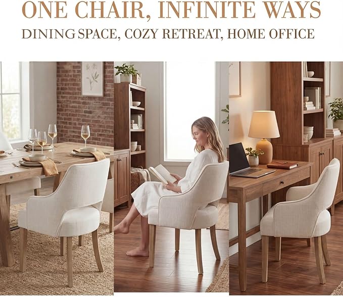 Linen Dining Chairs Set of 4 Upholstered Accent Chairs Side Chair with Wood Legs for Living Room/Dining Room/Bedroom/Restaurant, Upgraded Size, Cream