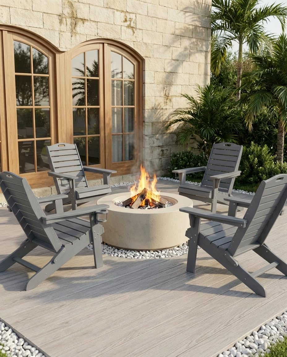 Adjustable Adirondack Chairs with Retractable Ottoman, HDPE Folding Adirondac...