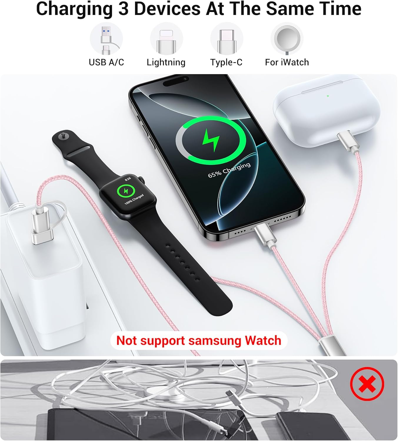 Temdan for Travel Vacation Essentials,3 in 2 USB C Cable for Apple Watch Charger/iPhone 16 Charger/Lightning,Multi Charging Cable Cord,Camping Essentials,Designed for iWatch & iPhone 16-12-4FT Pink