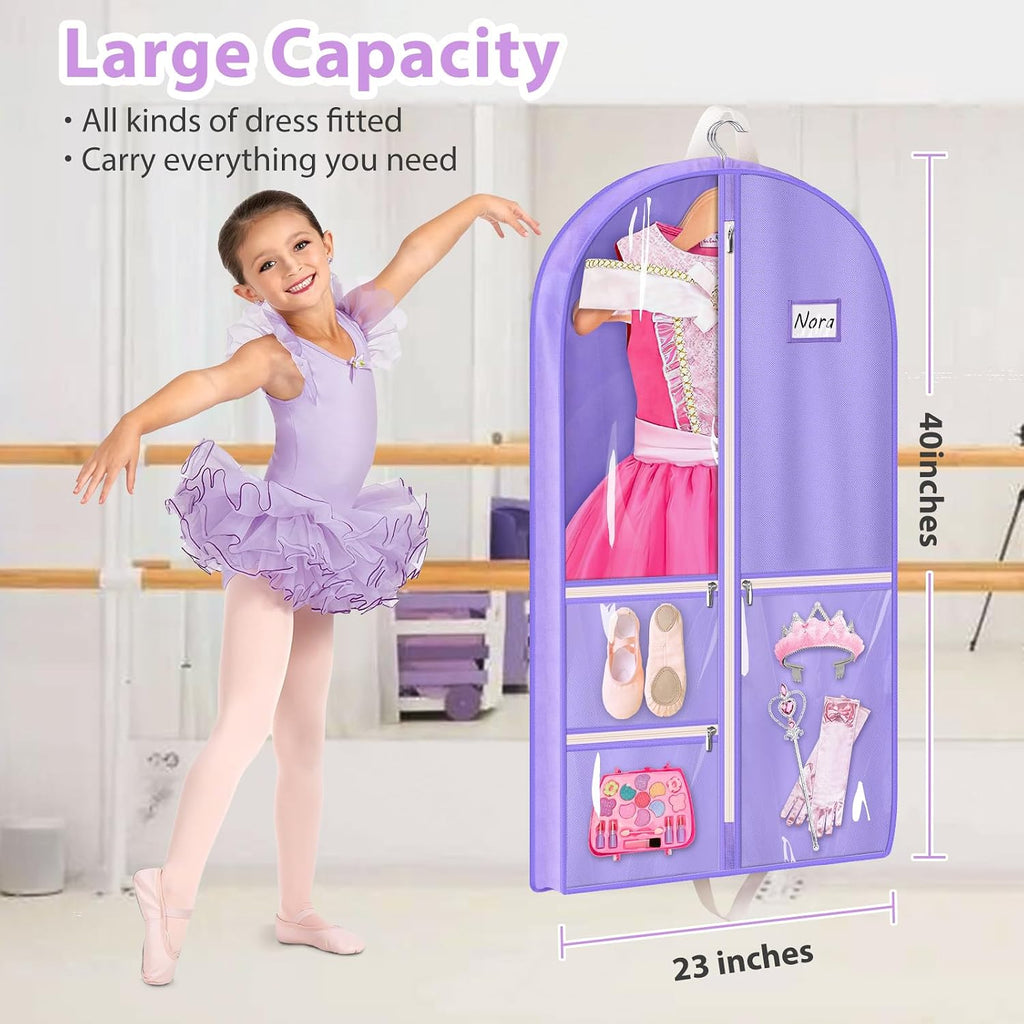 MISSLO Dance Garment Bags for Dancers 40" Garment Bags for Dance Costumes with 3 Pockets Cheer Uniform Garment Bag Hanging Kids Garment Bags for Competition, Travel, 3 Packs, Purple