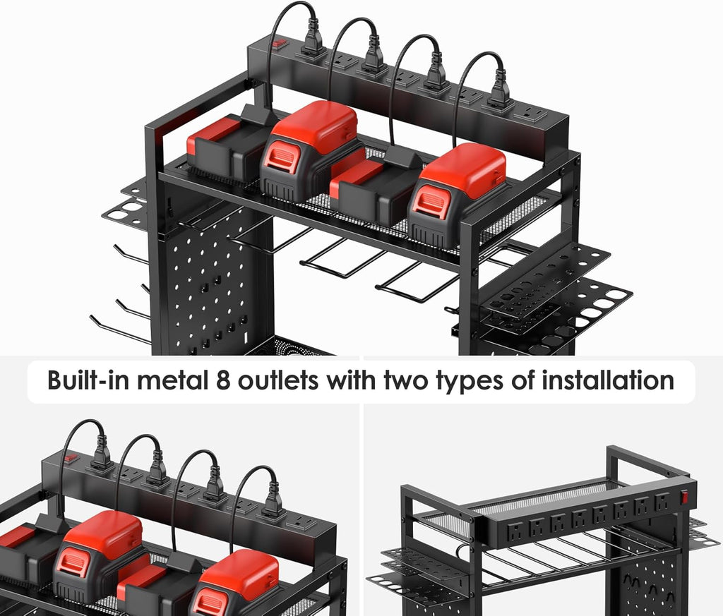 CCCEI Power Tool Organizer Cart with Charging Station, Garage Floor Rolling Storage Cart on Wheels for Mechanic, Mobile 6 Drill, Tool Box Utility Cart with Battery Charging Power Strip, Black