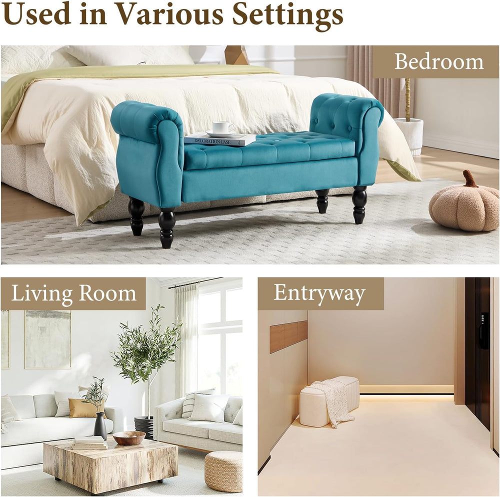47″ Storage Bench with Arms End of Bed Bench,Velvet Entryway Bench with Stora...
