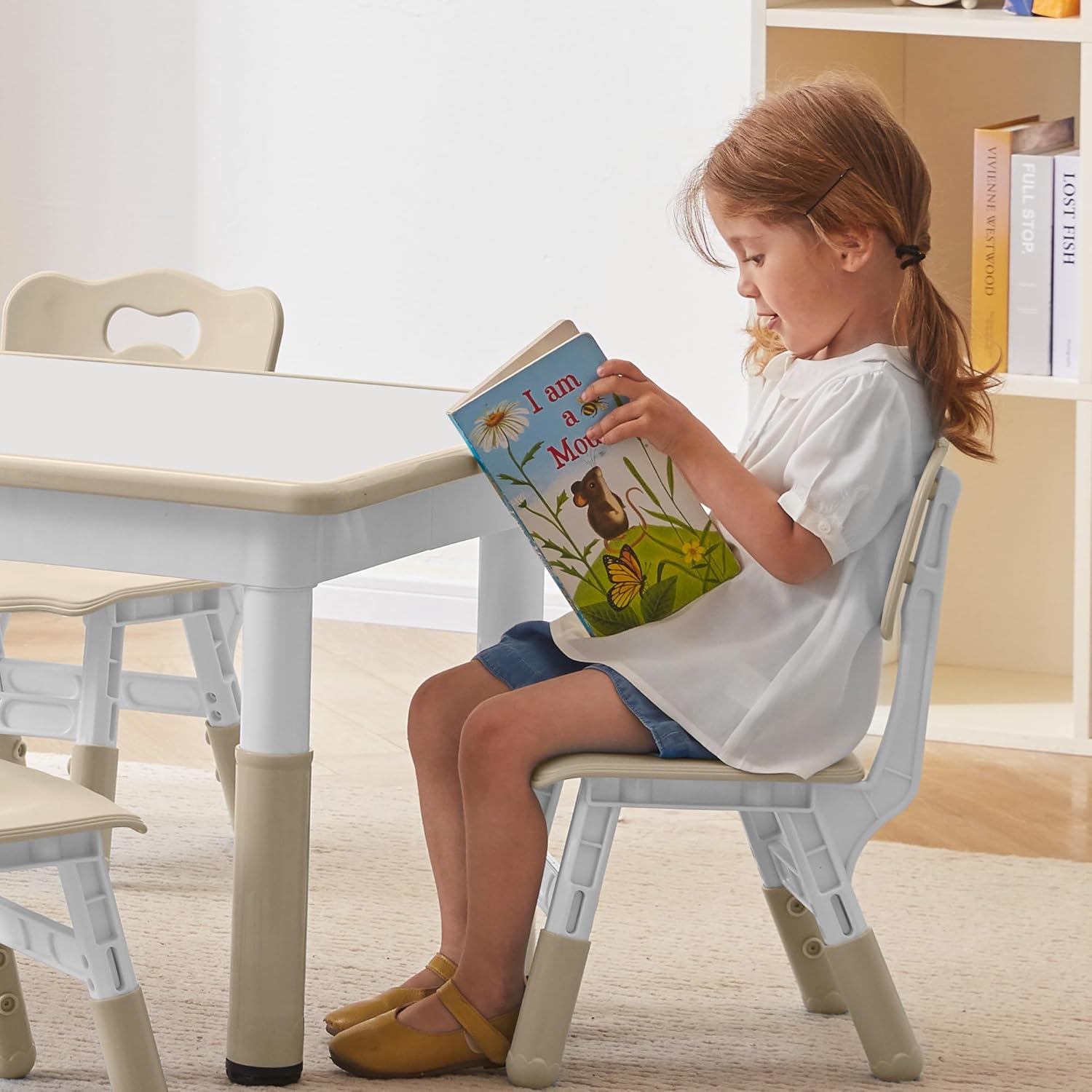 DOREROOM Kids Table and 2 Chairs Set, Height-Adjustable Toddler Table and Chair Set with Graffiti Desktop, 31.5''L x 23.6''W Children Activity Table for Daycare, Classroom, Home