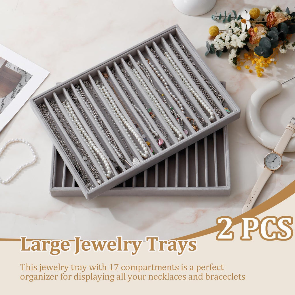 Large Velvet Jewelry Tray 2 Pack Stackable Jewelry Display Drawer Inserts Trays Organizer for Earring Bracelet Necklace Ring (Gray, 16 Grids)