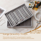 Large Velvet Jewelry Tray 2 Pack Stackable Jewelry Display Drawer Inserts Trays Organizer for Earring Bracelet Necklace Ring (Gray, 16 Grids)