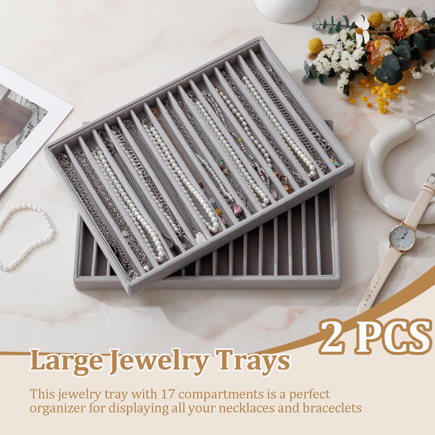Large Velvet Jewelry Tray 2 Pack Stackable Jewelry Display Drawer Inserts Trays Organizer for Earring Bracelet Necklace Ring (Gray, 16 Grids)