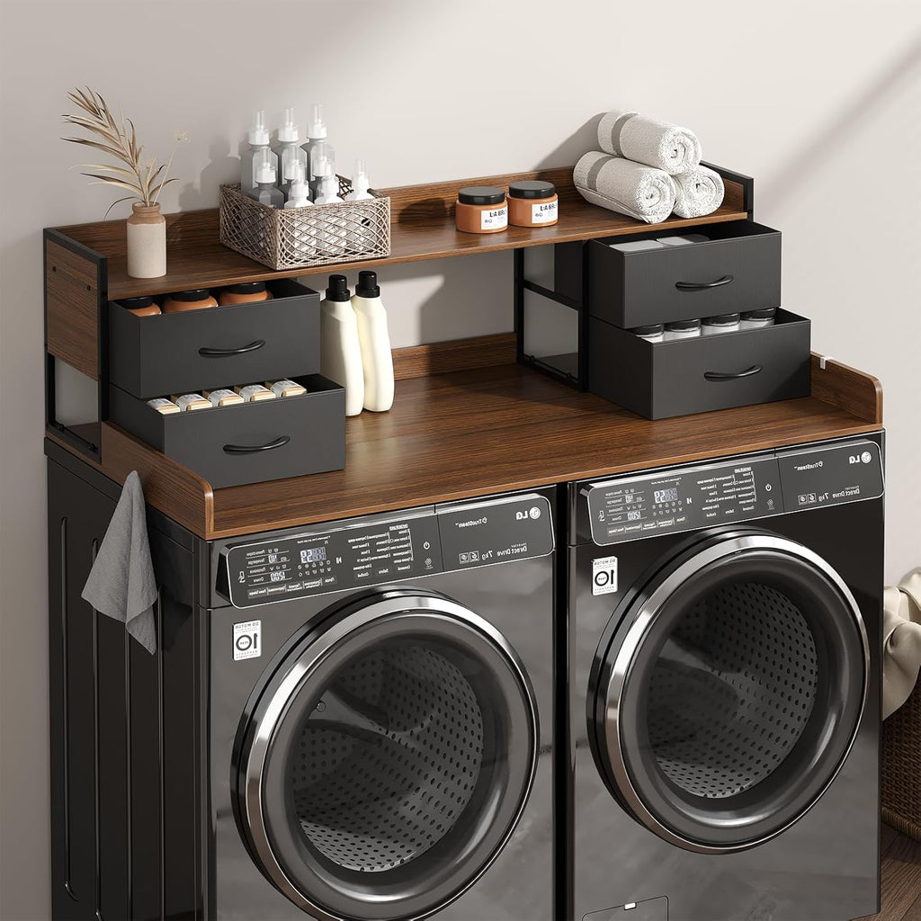 4 Drawers Washer Dryer Countertop with Shelf, 27.5" D x 54" W Laundry Topper with 3.54" High Guardrails and Non-Slip Pads,Extra Storage Organizer for Over Washer and Dryer, Holds 66 Lbs,Dark Walnut