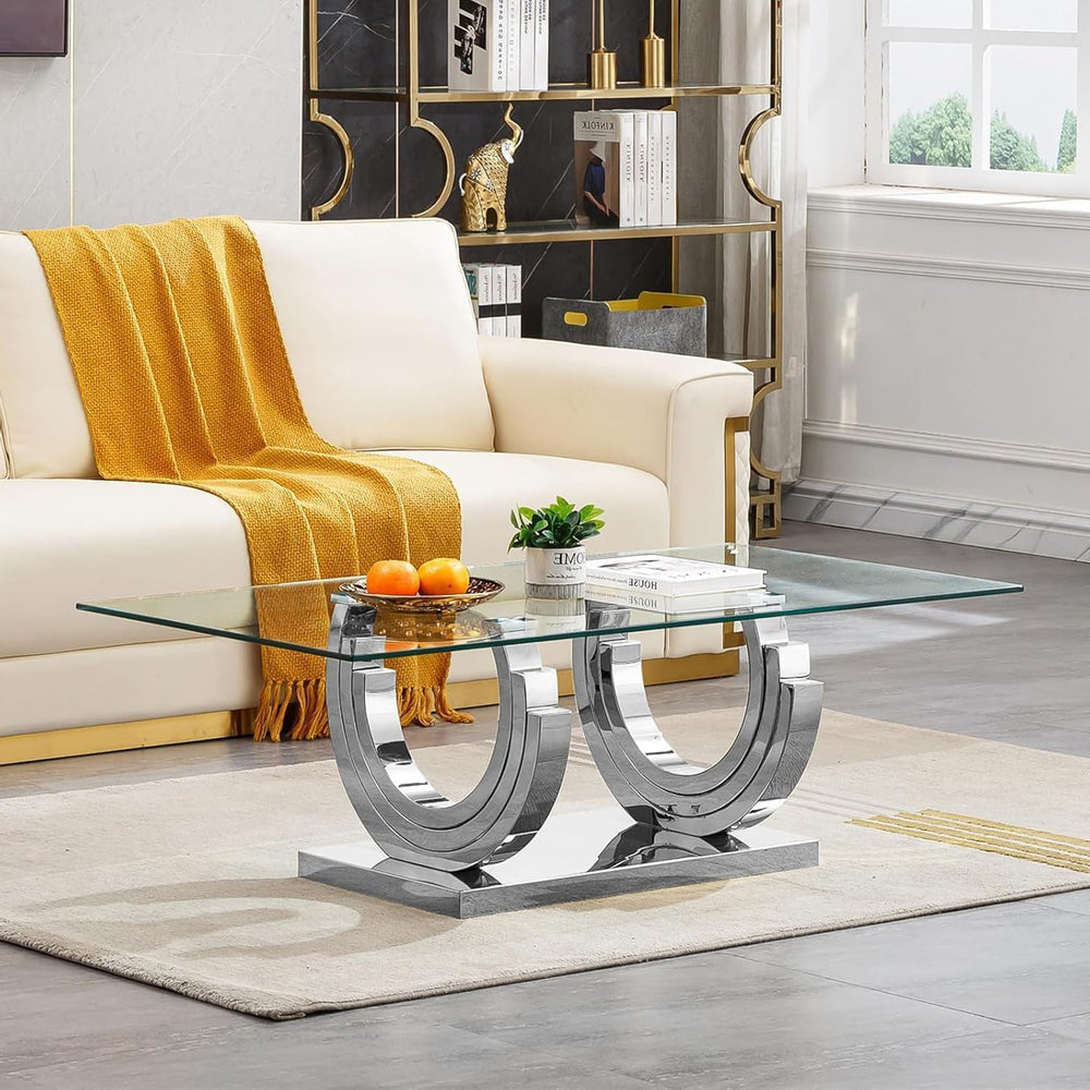 3 Piece Living Room Table Set, Rectangle Tempered Glass Coffee Table, End Tab...