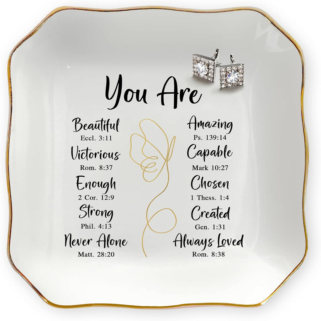 Christian Gifts for Women - You Are 4"x4" Ceramic Jewelry Dish Tray | Appreciation Gifts, Christian Gift, Gold Trim Design, Ring Dish for Women, Desk Vanity Decor, Polished Finish