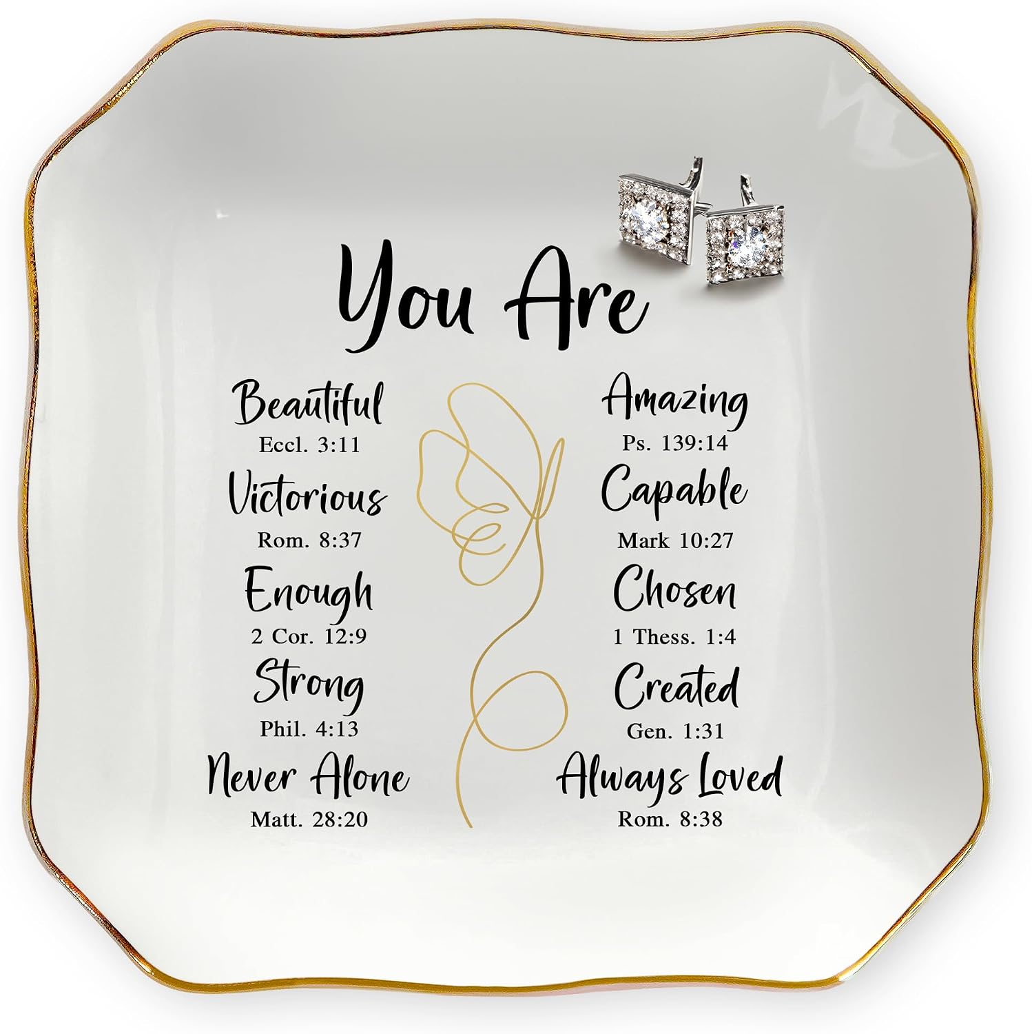 Christian Gifts for Women - You Are 4"x4" Ceramic Jewelry Dish Tray | Appreciation Gifts, Christian Gift, Gold Trim Design, Ring Dish for Women, Desk Vanity Decor, Polished Finish