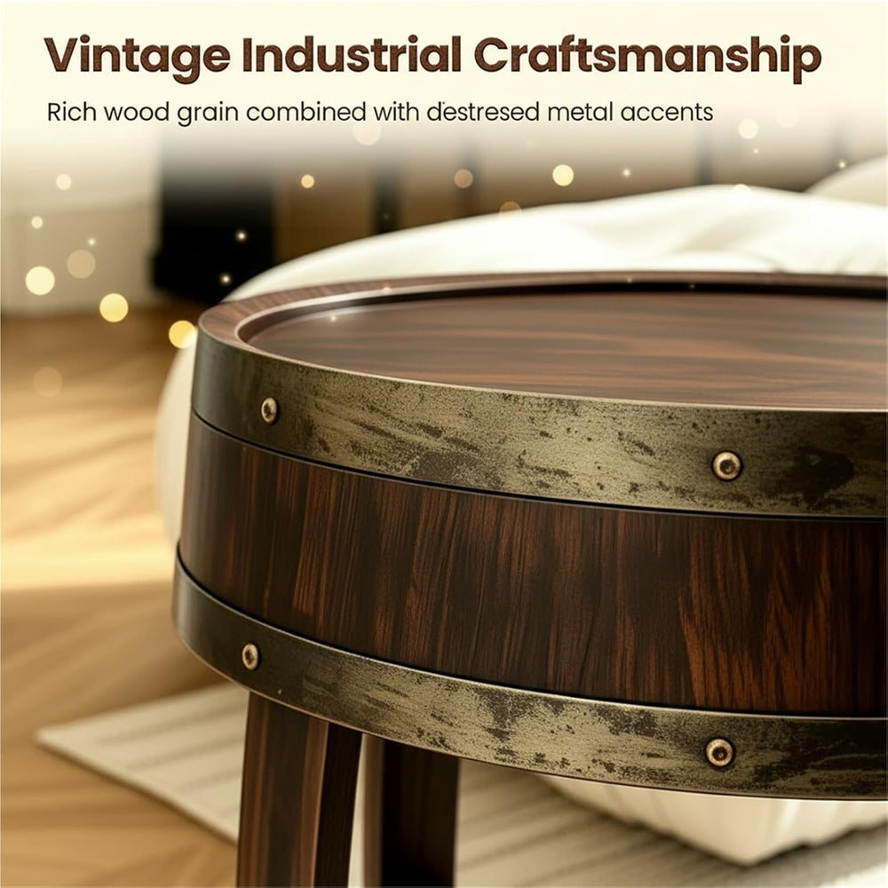 Rustic Round End Table, Whiskey Barrel End Table, Handcrafted Solid Farmhouse...