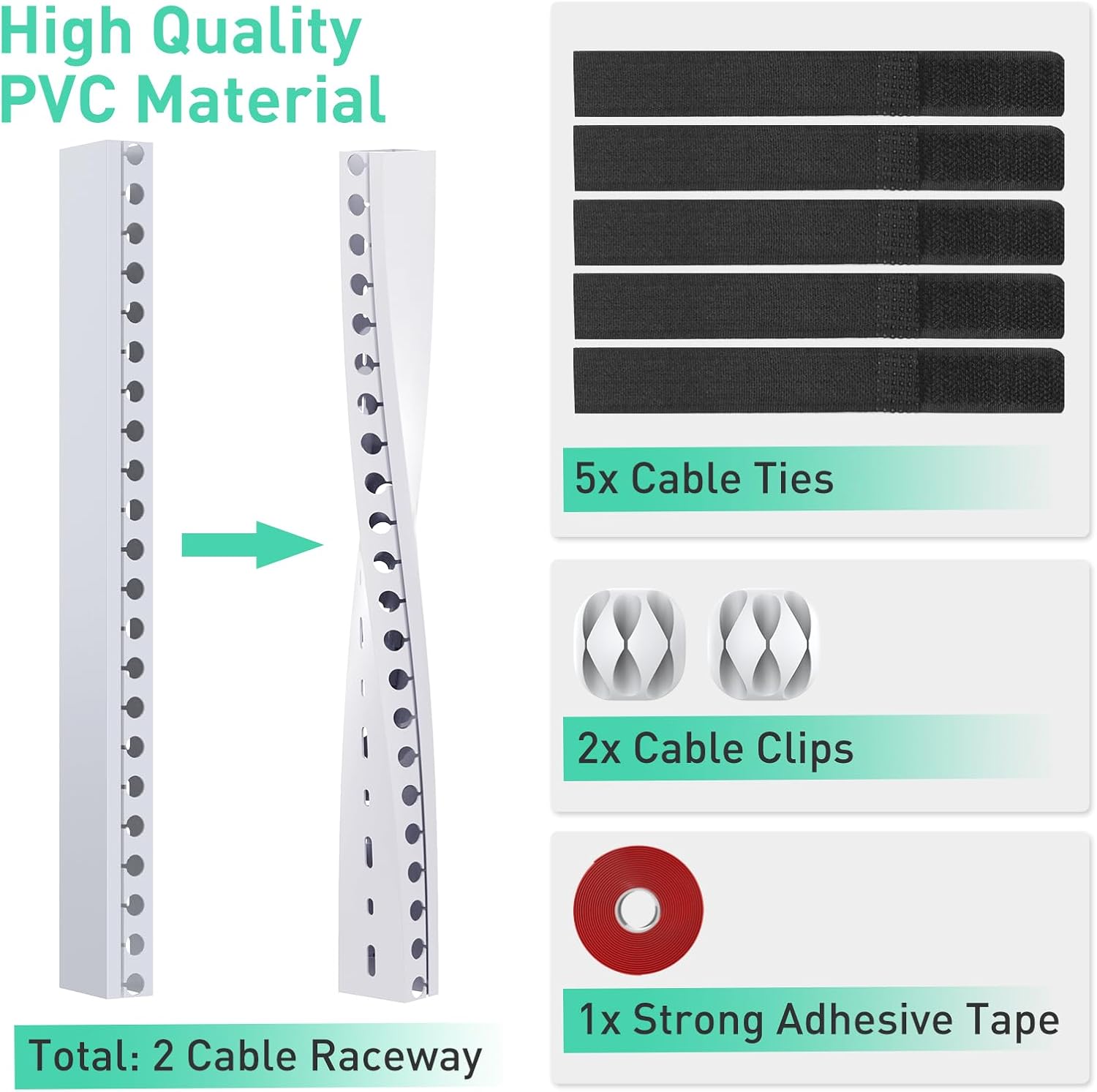 Updated White Cable Raceway Kit, 77 (5x15.5) inch Open Slot Wire Covers for Cords, Cable Management System to Hide Under Desk/TV/Computer/Net/Power Cords(Pack 5)