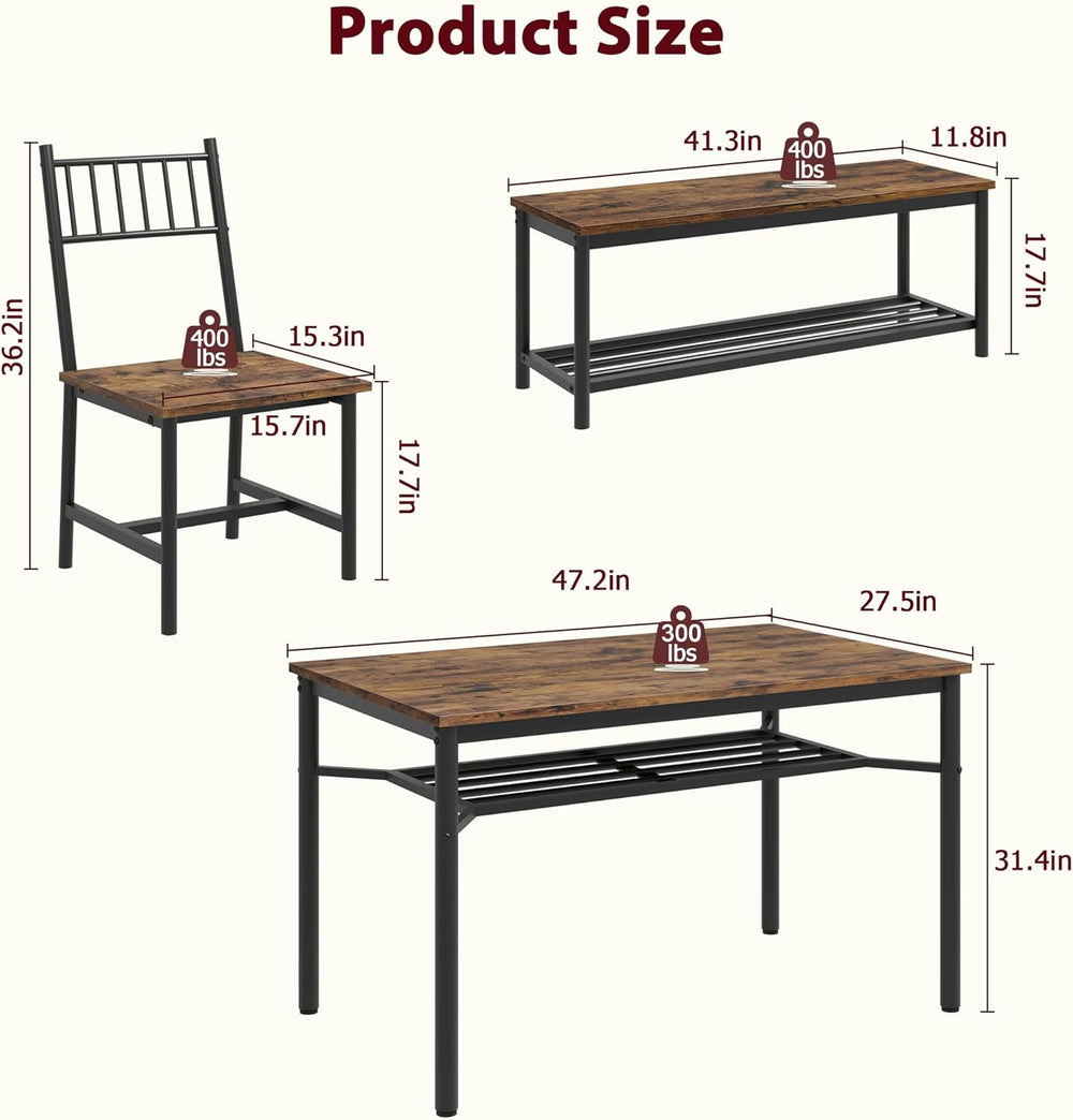 Garvee Dining Table Set for 4 with Bench and Chairs, 4-Piece Kitchen Table Se...