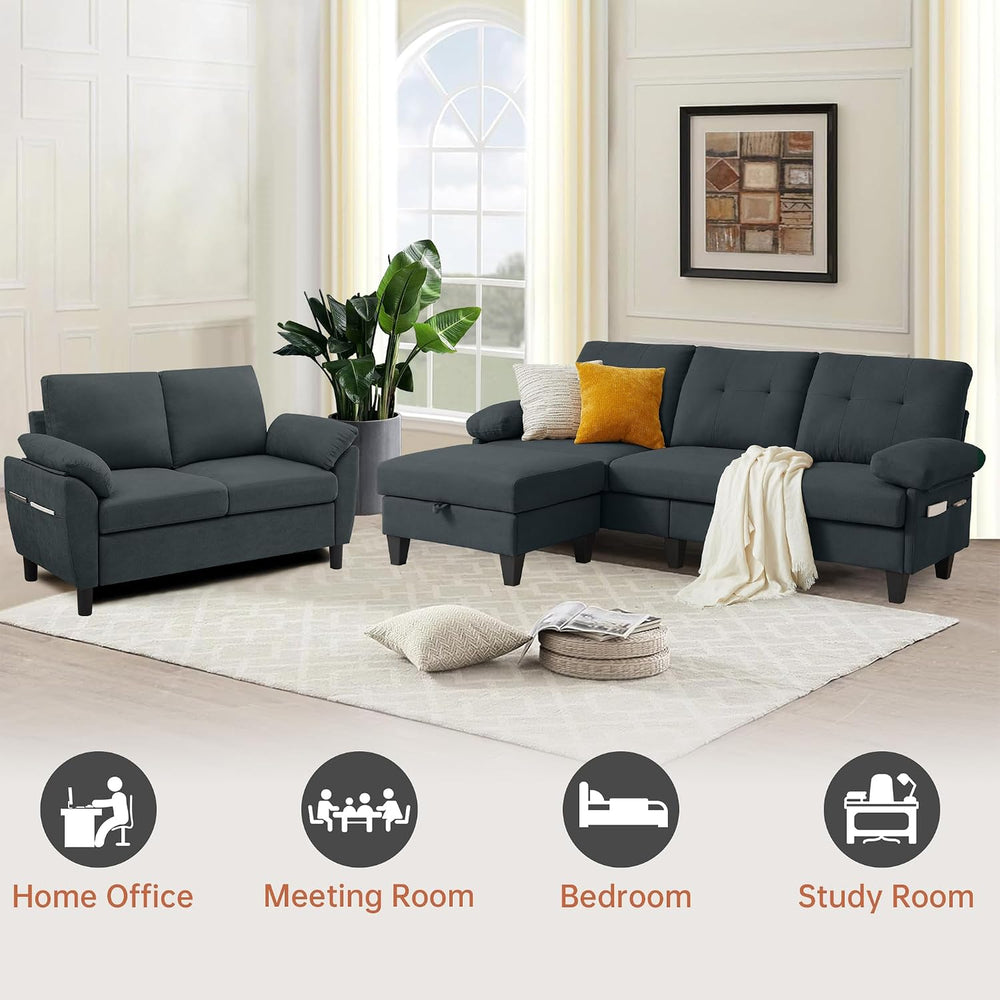 3 Piece Convertible Sectional Sofa Set, Modern Corduroy Small Couch with Mova...