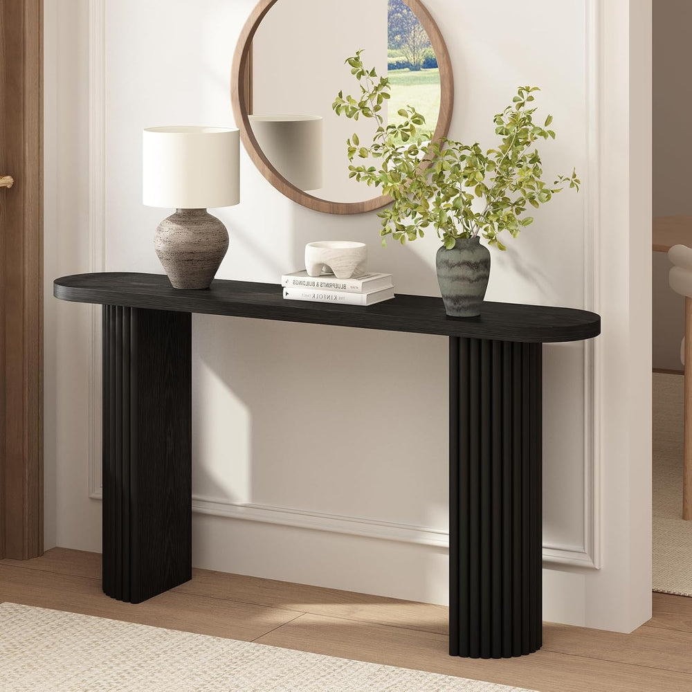 55" Long Fluted Solid Wood Console Table with Semi Circle Legs | Black, ...