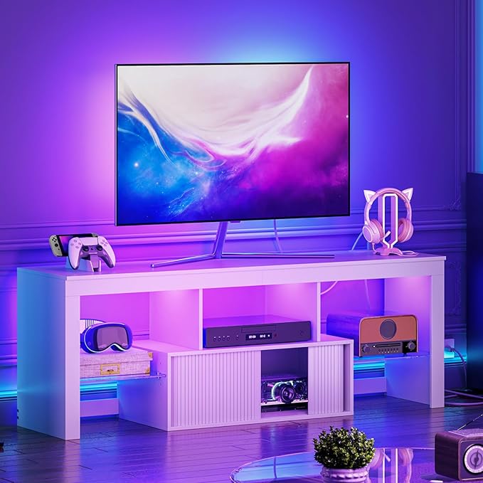 TV Stand with Power Outlet, Modern TV Cabinet for 55 60 inch TVs, Media TV Console with LED Light Strip, Media Entertainment Center with Storage, for Living Room, Bedroom, White MDS02UDWB