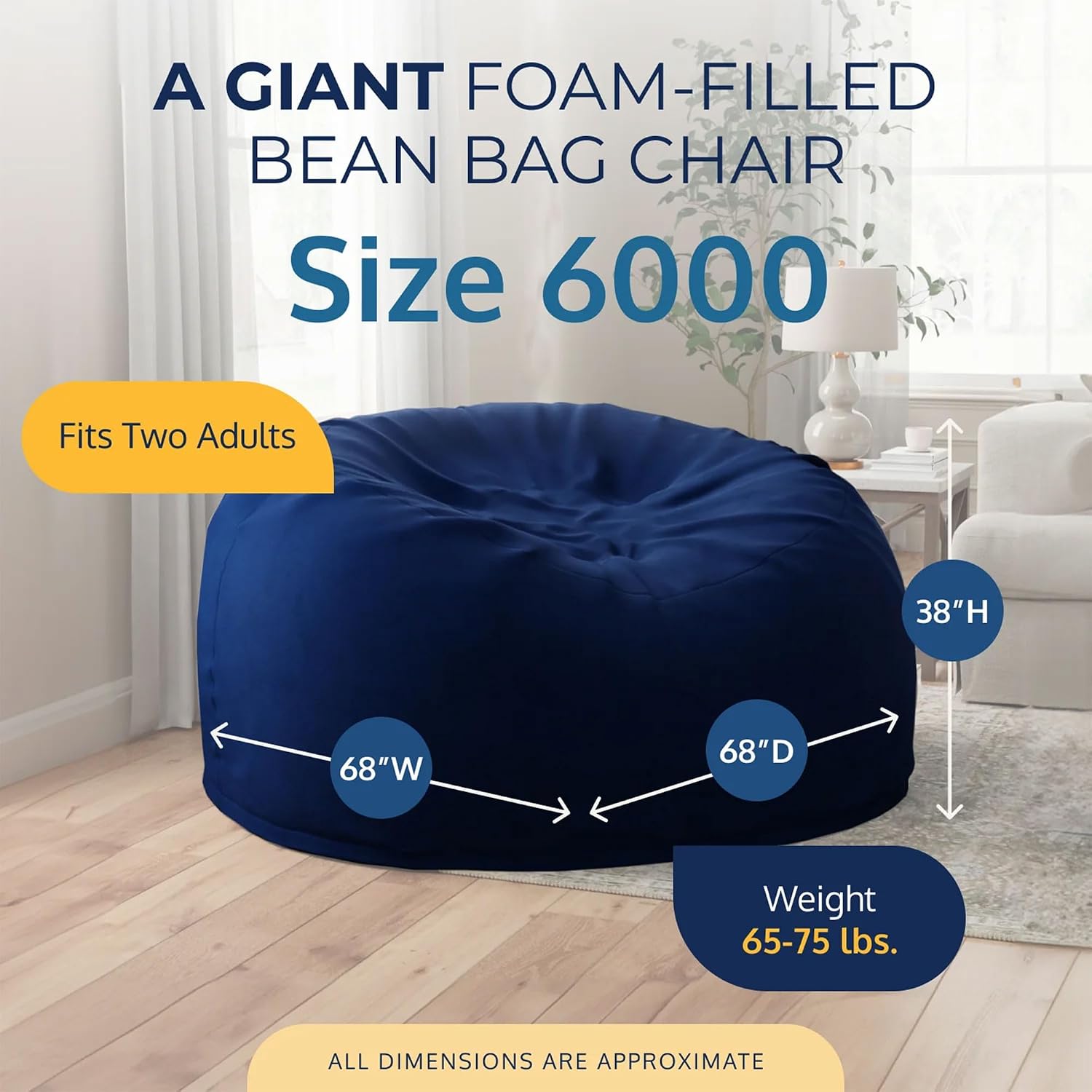 ULTIMATE SACK 6ft Bean Bag Chair, Oversize Bean Bag Chair for Adults, Comfy Chair Bean Bag Couch Lounge Sofa Loveseat Furniture | Navy Suede