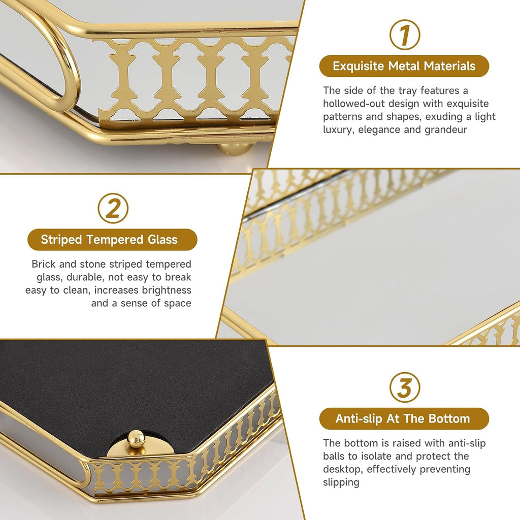Mirrored Perfume & Makeup Vanity Tray - Hollow-Out Jewelry Storage, Gold Metal & Glass Trinket Organizer for Dresser & Bathroom Countertop, 11.3" Small Size