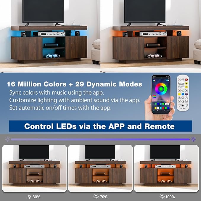 HOMMPA LED TV Stand for 55/50/43/40/32 inch TV - Modern Entertainment Center with Power Outlets, Gaming Console Cabinet with Storage Media Table and LED Lights for Living Room - Walnut