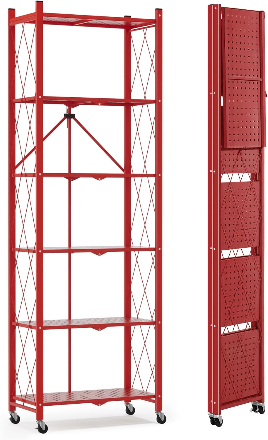 ALANNG 73.6 Inch Folding Bookshelf, 6 Tier Metal Bookcase and Bookshelves | Tall Shelves for Living Room Office Bedroom, Heavy Duty Book Shelve Free Standing Open (Red, 1PACK)