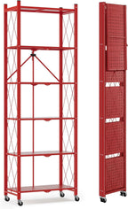 ALANNG 73.6 Inch Folding Bookshelf, 6 Tier Metal Bookcase and Bookshelves | Tall Shelves for Living Room Office Bedroom, Heavy Duty Book Shelve Free Standing Open (Red, 1PACK)