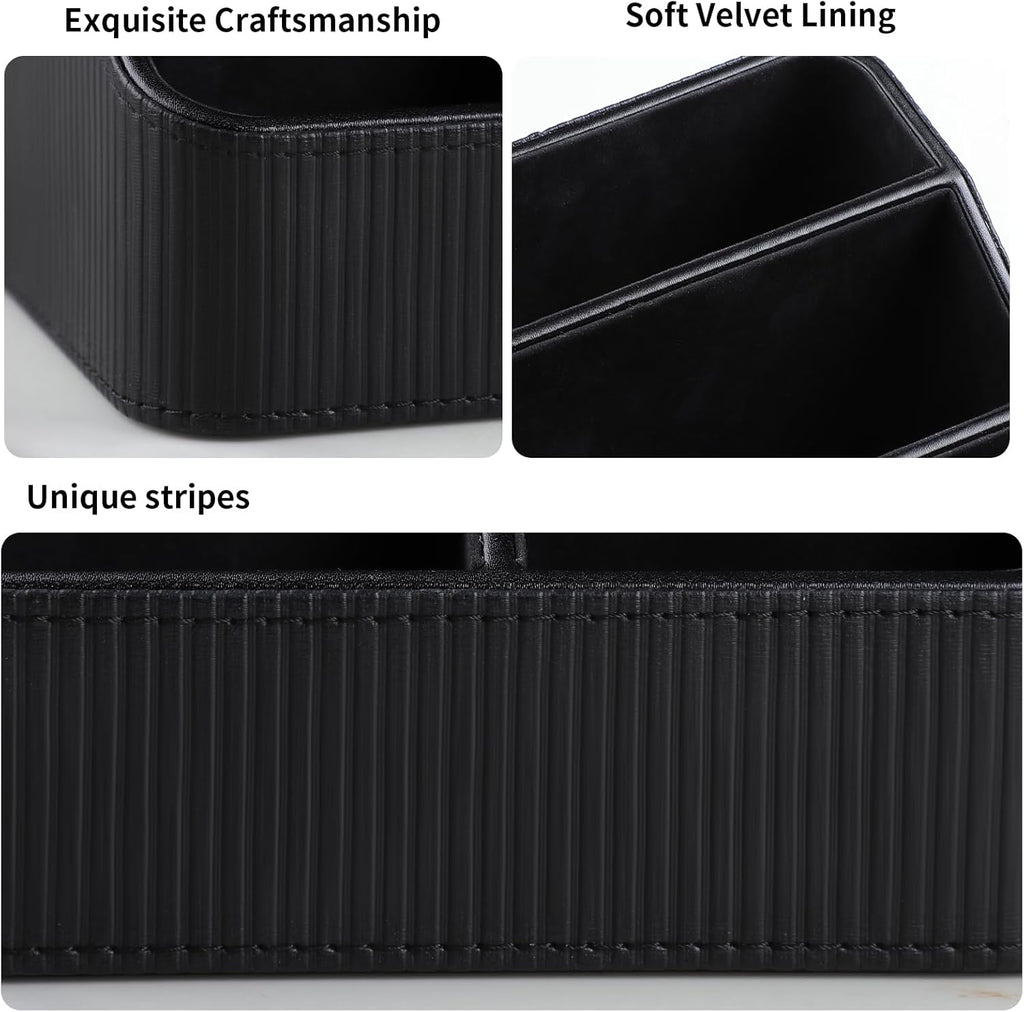Remote Control Holder with 4 Compartments, PU Leather Small Nightstand Organizer for Home Desk Accessories Office Supplies, Multifunctional Stylish Small Bedside Desktop Organizers (Black)