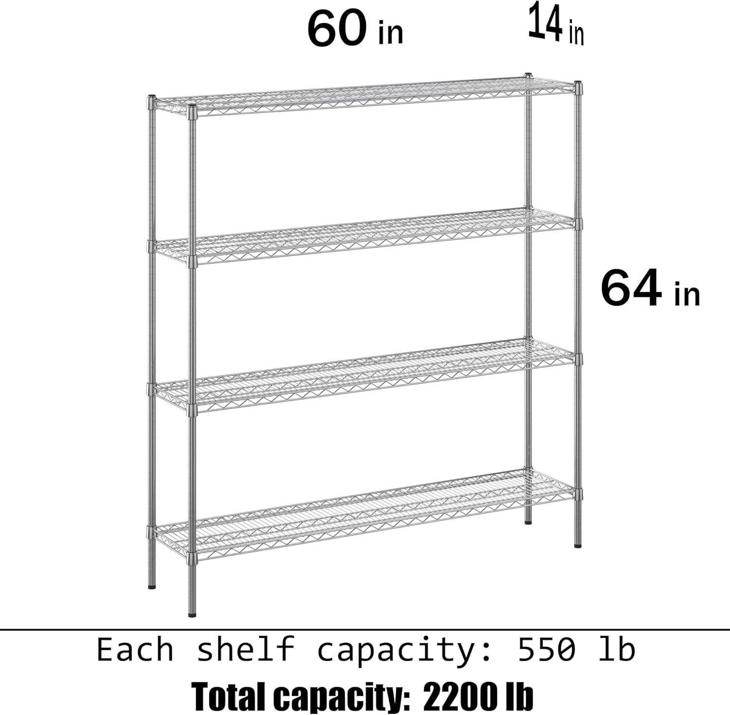 14" Deep x 60" Wide x 64" Height Wire Shelving Kit | 4-Tier | NSF Commercial Storage Rack Unit