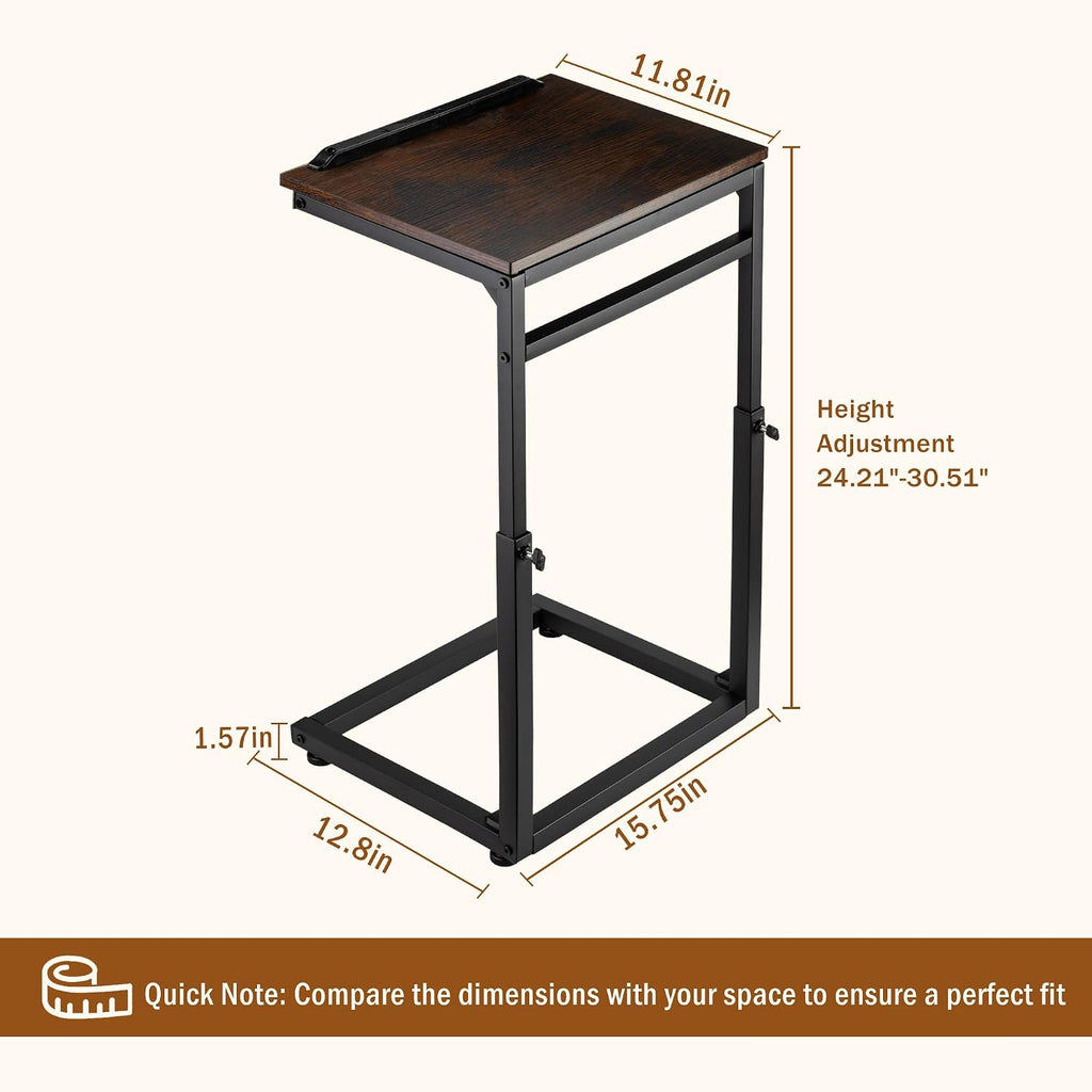 facka C Shaped TV Tray Table, Adjustable Height & 0-60° Tilt for Couch | C Table Sofa Side End Table with Stopper Ledge, Couch Table for Eating, Laptop, Reading & Small Spaces Brown