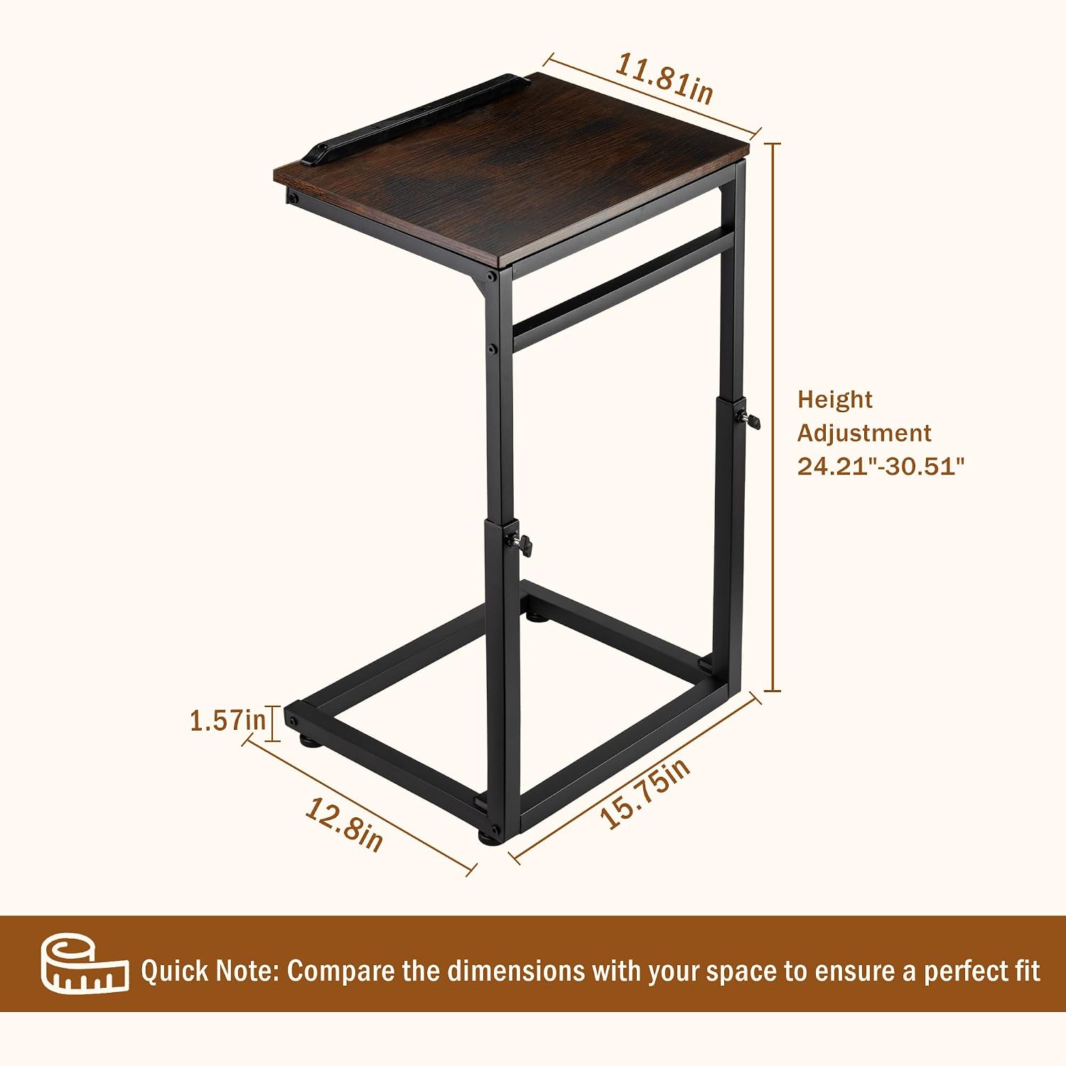 facka C Shaped TV Tray Table, Adjustable Height & 0-60° Tilt for Couch | C Table Sofa Side End Table with Stopper Ledge, Couch Table for Eating, Laptop, Reading & Small Spaces Brown